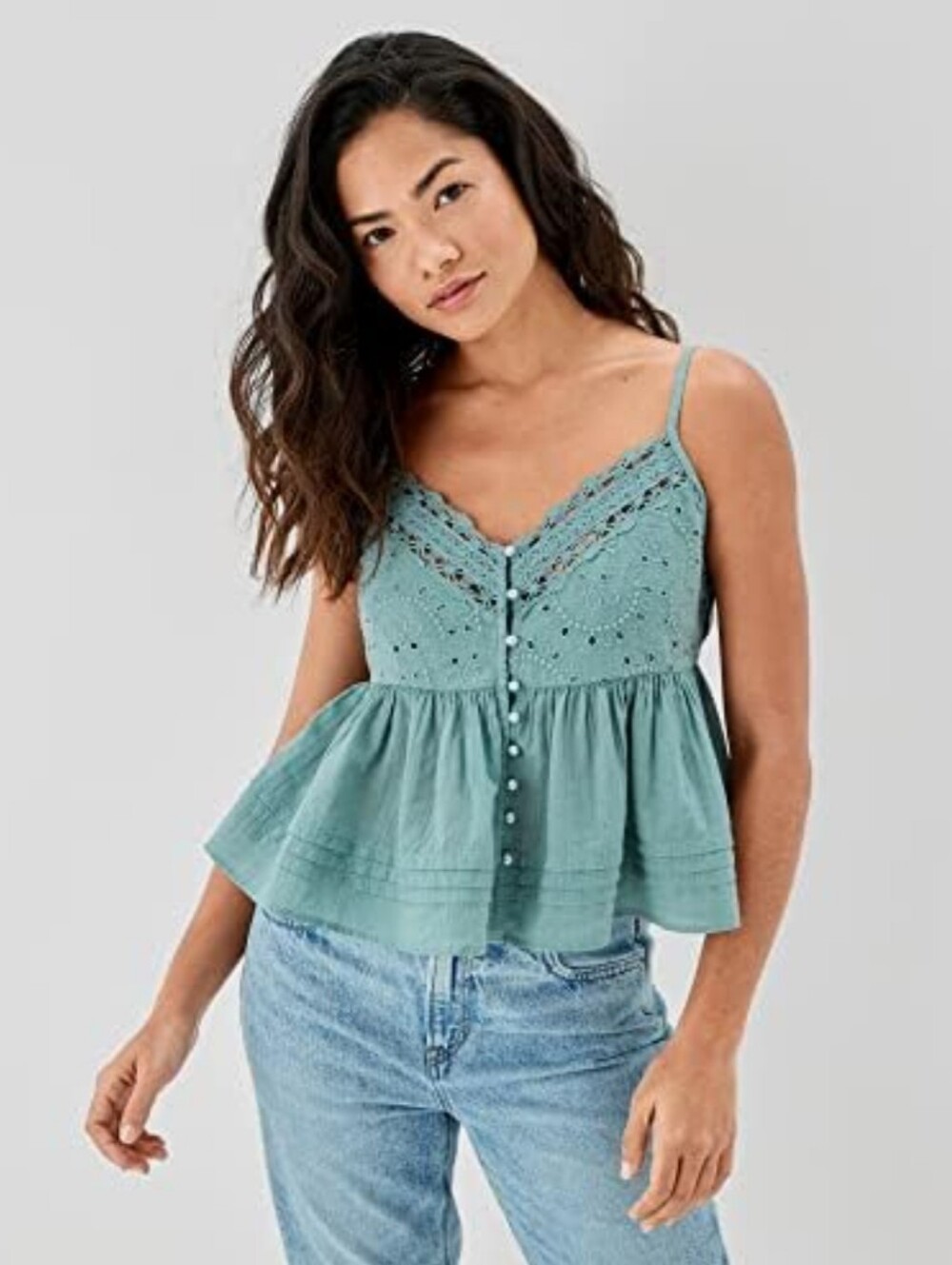 American Eagle Sage Green Lace Eyelet Peplum Pearl Button Babydoll Boho Top M
